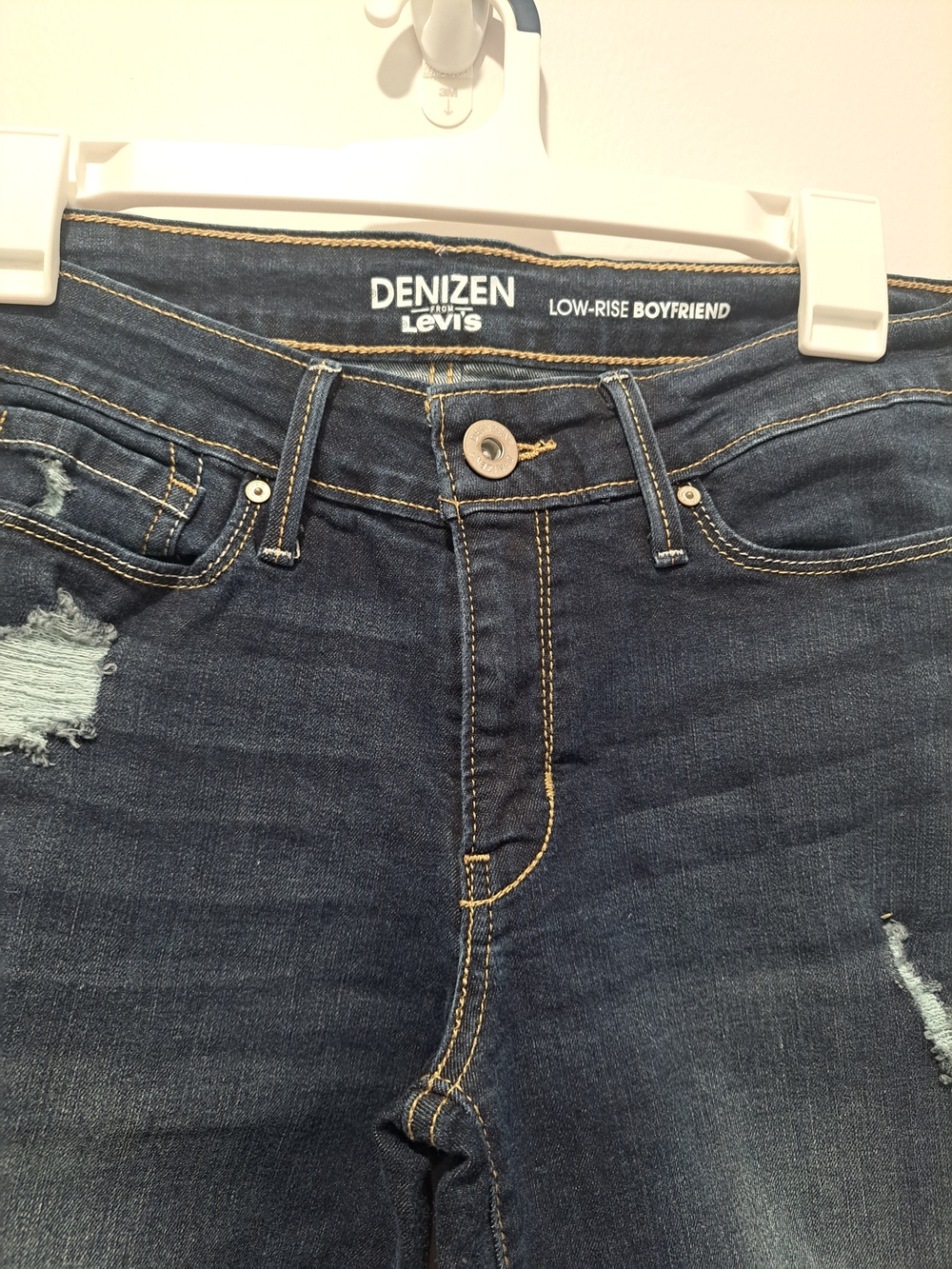 Women's Low-Rise Boyfriend Jeans - Dark Blue Ripped - Picture 2 of 5